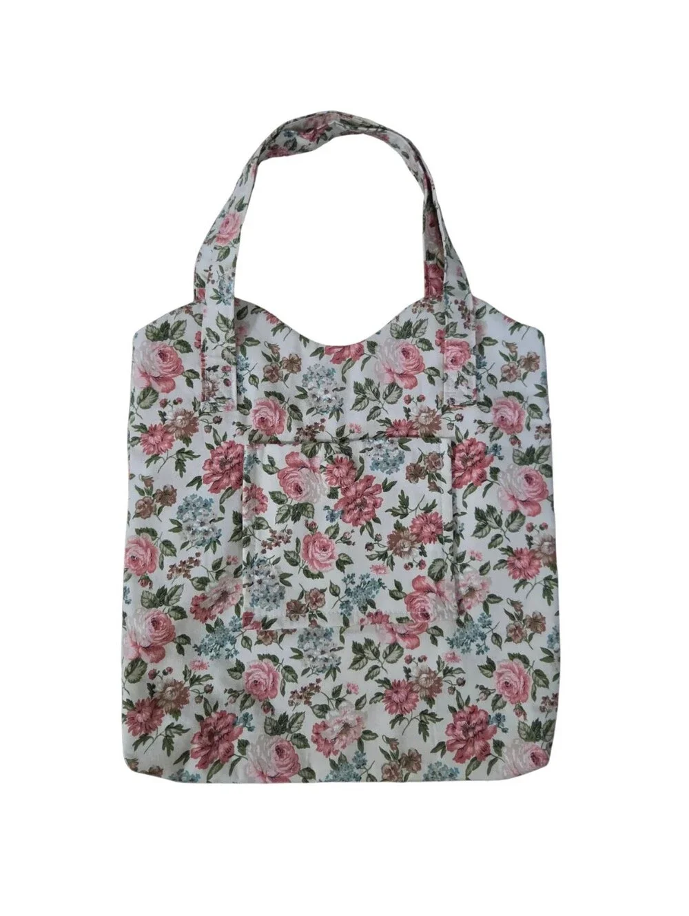 Cottagecore Floral Fabric Tote Bag White Pink Magnet Closure Pocket Whimsy Fairy
